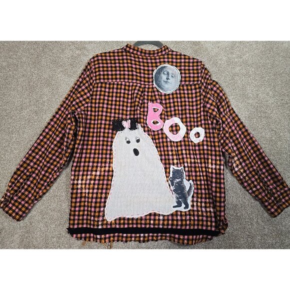 OOAK Upcycled Flannel Shacket Shirt Halloween Ghost Cat Moon Distressed Women XL - Picture 1 of 13